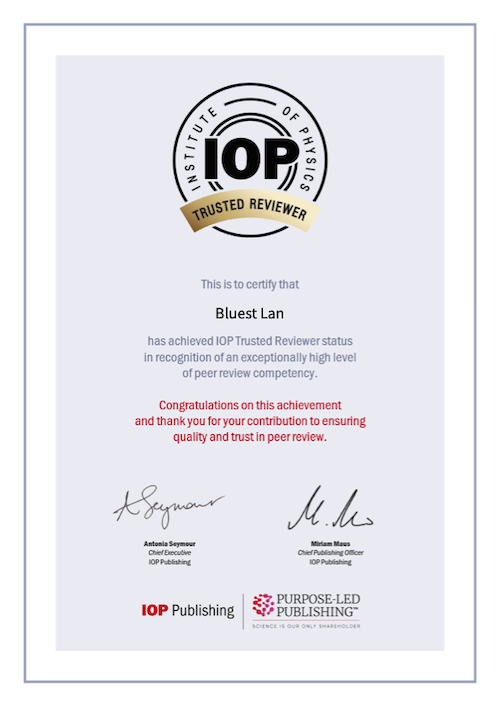 Dr Lan Awarded IOP Trusted Reviewer Status